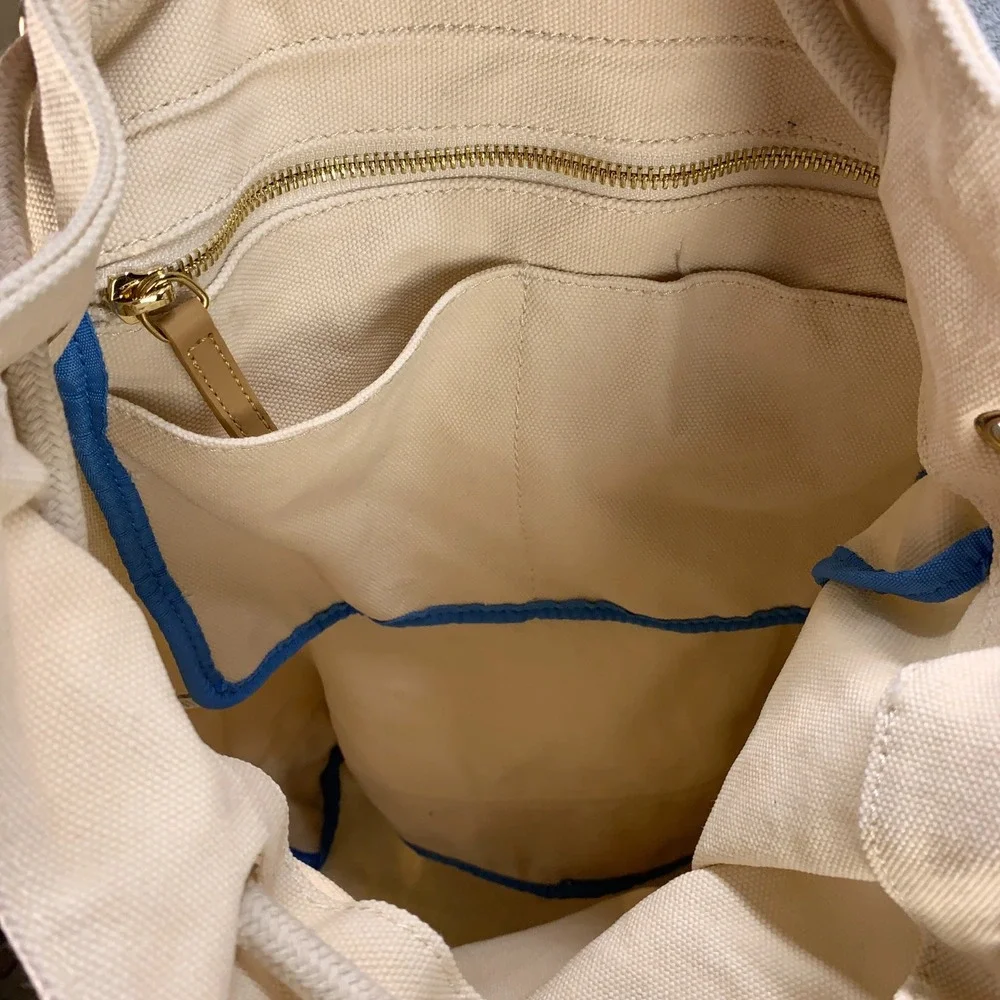 Vineyard Vines Backpack Womens OS Cream Blue Stripe Canvas Drawstring Nautical